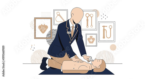 CPR Training: Man practicing chest compressions on a dummy, medical icons in background