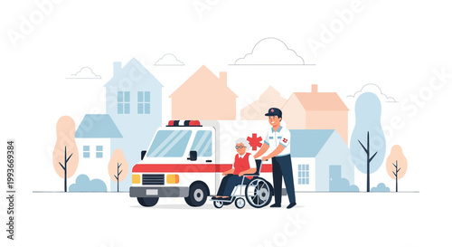 Paramedic Assists Elderly Patient in Wheelchair into Ambulance Outside Suburban Homes