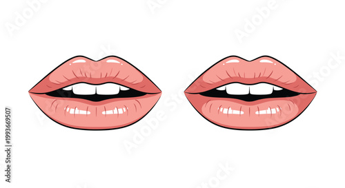 Realistic illustration of two pairs of female lips with pink lipstick slightly parted to show teeth for beauty and cosmetic themes.