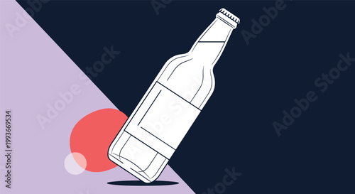 Stylized illustration of a glass beer bottle tilted at an angle against a background of diagonal purple and dark blue colors.