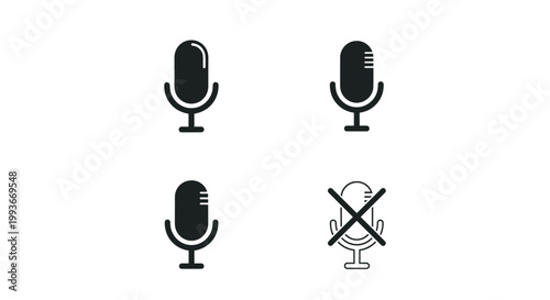 Set of four microphone icons featuring different styles and one with a cross mark indicating a muted or disabled audio state.
