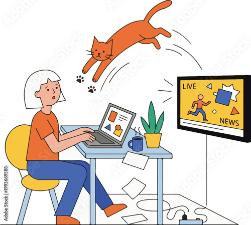 A woman works on her laptop while a cat jumps above her