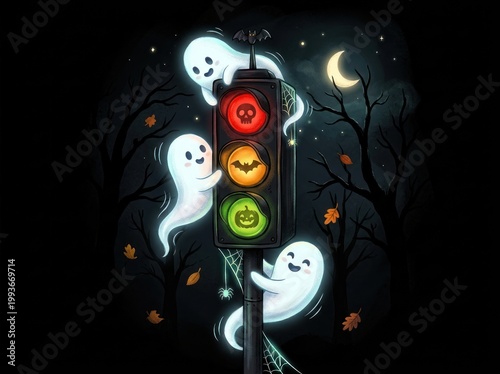 Halloween-themed traffic light with ghost characters and spooky decorations in a dark forest setting.
