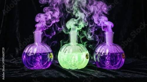 Colorful Chemical Flask Experiment with Purple and Green Smoke Effects.