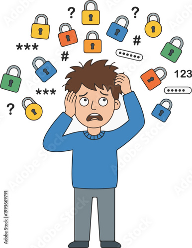 A cartoon man looking worried about passwords and security locks