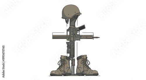 Memoriam Day tribute with military helmet, rifle, boots, and gear forming a solemn cross on a symbolic memorial