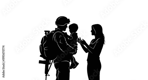 A soldier in uniform holds a baby while a woman stands beside them on Memorial Day.