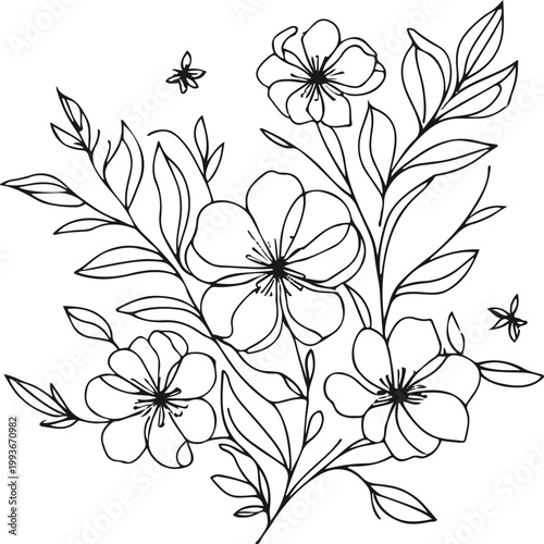 Floral paper plane line art, thick outline with flower accents, minimal vector on white