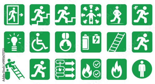 Emergency exit and safety signs vector illustration featuring clear evacuation symbols, directional arrows, and warning graphics ideal for buildings, public spaces, and safety compliance