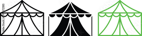 Three different visual representations of a circus tent structure in black and white with outline