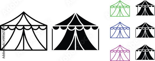 Variations in circus tent designs and structural outlines shown in black and color diagrams