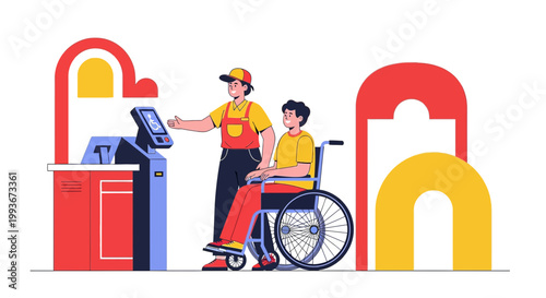 Customer Service Assistant Helps Person in Wheelchair at Self-Service Kiosk