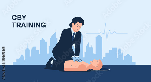 CPR Training: Rescuer Performs Chest Compressions on Dummy with Cityscape Background