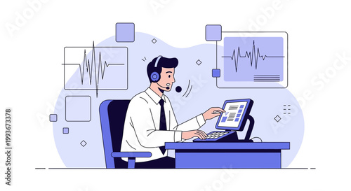 Customer service representative with headset and computer, audio waveform visualization
