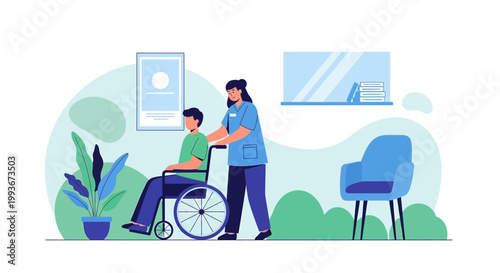 Nurse pushing patient in wheelchair, healthcare, medical assistance, caring, home care, hospital, support