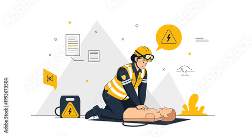 CPR Training: Rescuer Performs Chest Compressions on Mannequin with Defibrillator Nearby