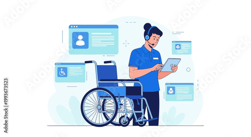 Digital Accessibility Support: Person with Headset and Tablet Assisting with Wheelchair and Online Services