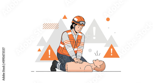 CPR Training: Rescuer Performs Chest Compressions on Mannequin with Warning Signs