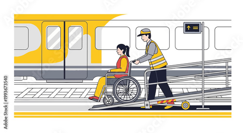 Disability Access: Staff Assists Wheelchair User Boarding Train with Ramp