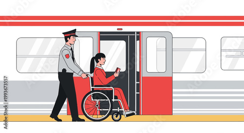Disability Assistance: Train attendant helps woman in wheelchair board train, promoting accessibility
