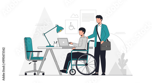 Disabled Employee Working at Desk with Colleague's Support, Office Accessibility