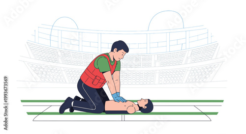 CPR Training: Rescuer Performs Chest Compressions on Patient in Stadium Setting