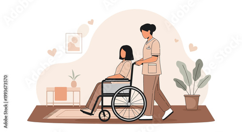Nurse Pushing Patient in Wheelchair, Home Care, Elderly Assistance, Medical Support