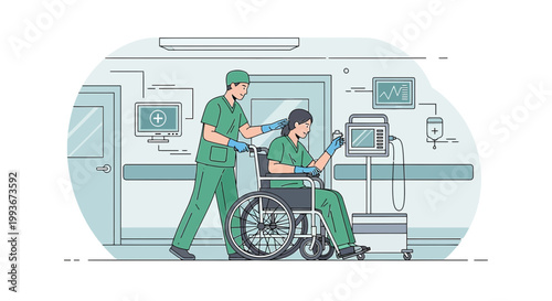 Nurse Pushing Patient in Wheelchair, Medical Equipment, Hospital Corridor