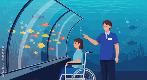 Disabled Girl in Wheelchair Enjoys Aquarium with Assistant
