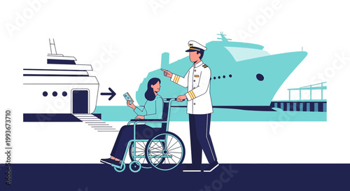 Disabled woman in wheelchair assisted by cruise ship captain for boarding, accessible travel concept