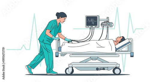 Nurse Pushing Patient on Hospital Bed with Medical Monitor in ICU