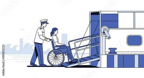 Disabled woman in wheelchair boarding ferry with crew assistance, accessible travel concept