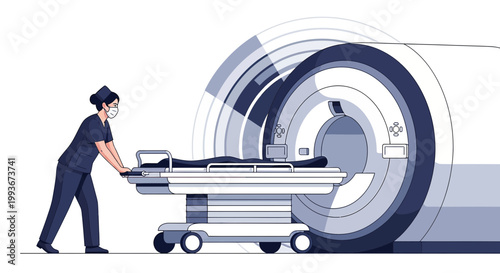 Nurse pushing patient on gurney into MRI scanner for medical scan