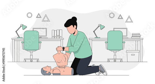 CPR Training Session: Person practicing resuscitation on a dummy in a modern office setting