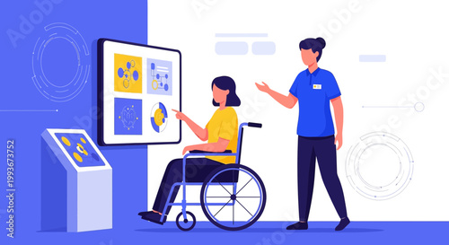 Disabled woman in wheelchair interacts with interactive screen, assisted by nurse