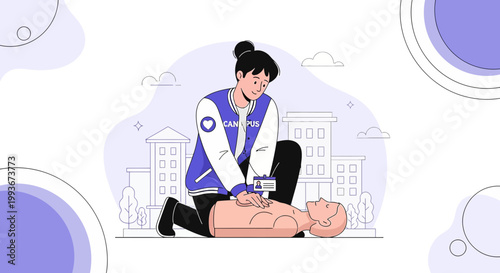 CPR training: student performs chest compressions on dummy, emergency response concept