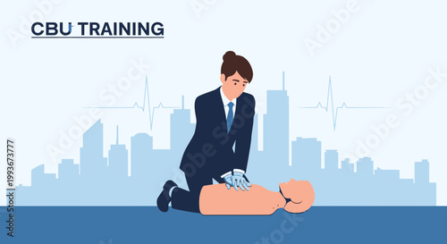 CPR Training: Woman in Suit Performs Chest Compressions on Mannequin with City Skyline