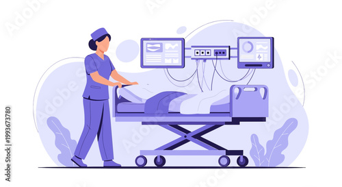 Nurse Pushing Patient on Stretcher Bed with Medical Monitors in Hospital Room