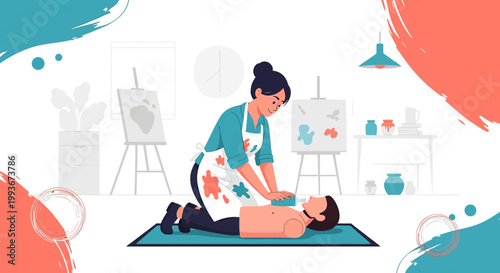 CPR Training: Woman Performing Cardiopulmonary Resuscitation on Man in Art Studio