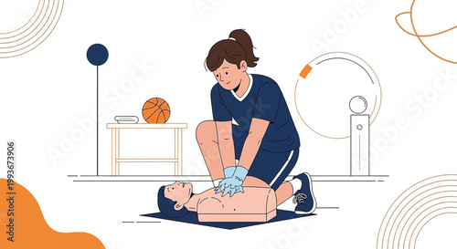 CPR Training: Woman performing chest compressions on man, emergency medical care illustration