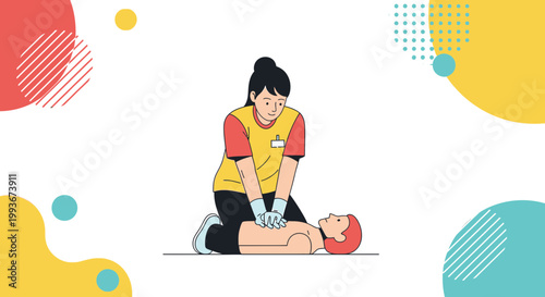 CPR Training: Woman performing chest compressions on man, emergency medical care illustration