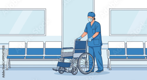 Nurse pushing wheelchair in hospital corridor with waiting chairs and windows