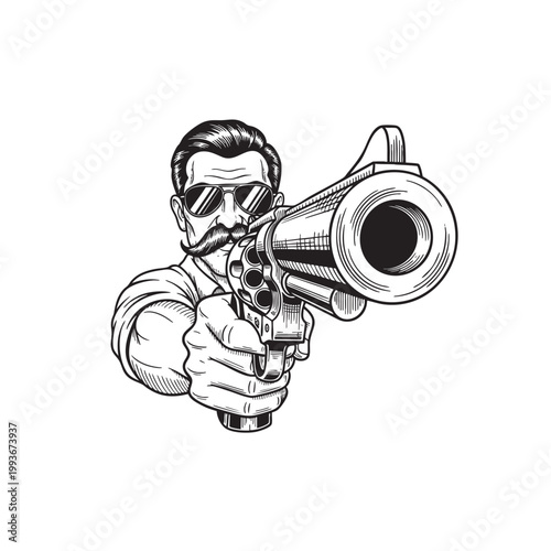 Close-Up of a Man Aiming a Revolver Directly at Viewer — Intense Thriller Action Ink Vector Portrait