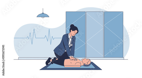 CPR Training: Woman Performing Chest Compressions on Mannequin with Heartbeat Monitor