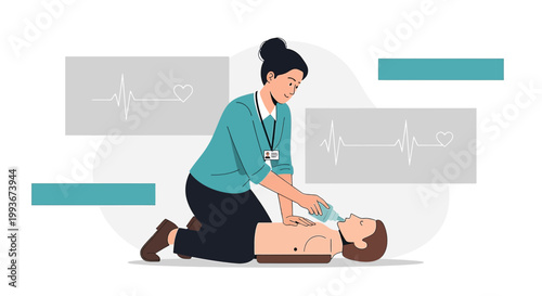 CPR Training: Woman performing resuscitation on dummy, emergency medical care concept