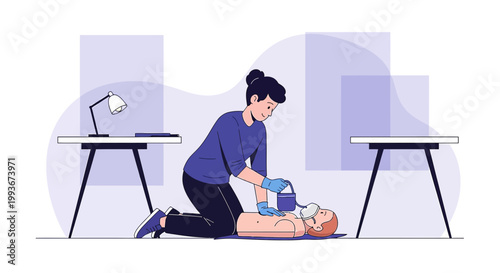 CPR training: Woman performing chest compressions on mannequin, emergency medical care concept