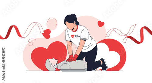 CPR Training: Woman performs chest compressions on a dummy, heart health awareness
