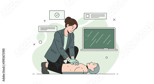 CPR training: woman performs chest compressions on dummy, laptop and icons in background