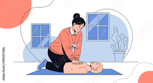 CPR training: woman performs chest compressions on dummy, medical emergency simulation