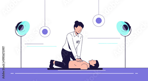 CPR training: Woman performs chest compressions on man lying down, emergency medical concept
